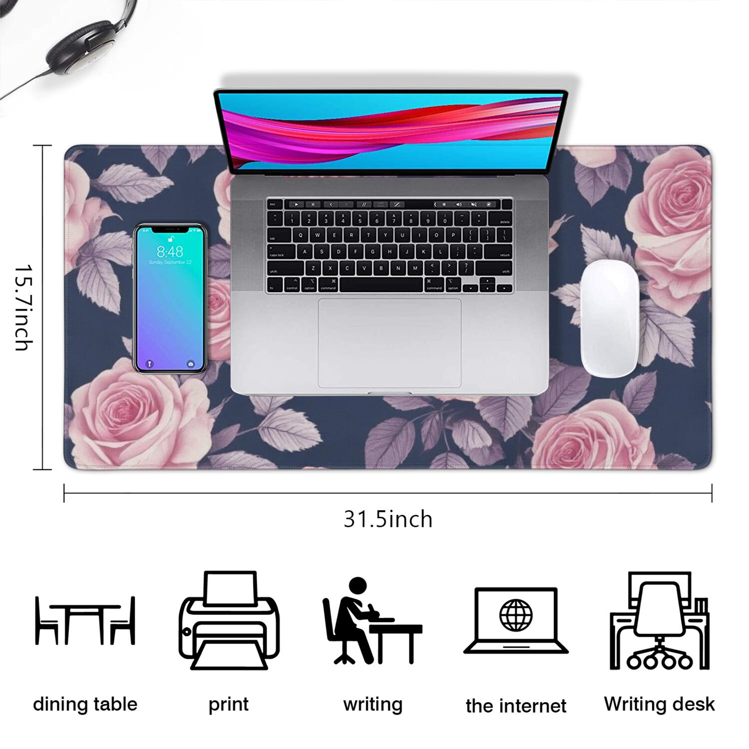 Long Mouse Pads for Desk,Pioneer Flower Floral Print Pattern Desk Mats on Top Of Desks, Desk Mouse Pad Extra Large with 3mm Non-Slip Base and Stitched Edge for Gaming,Office,Work,Home 31.5"x15.7"