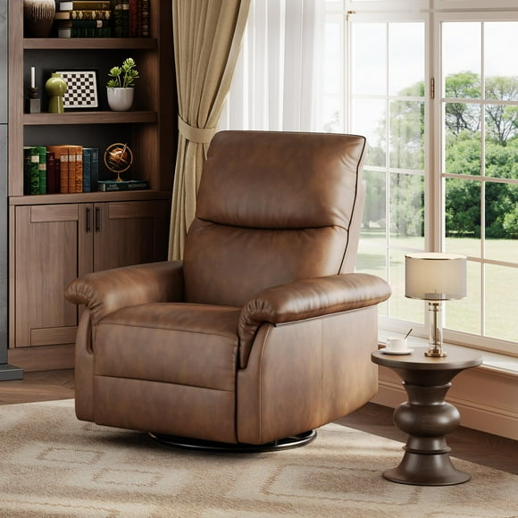 EcoSummer Manual Recliner Chair for Adults, PU Leather Swivel Rocker Recliner with Padded Armrests, Modern Upholstered Reclining Chair for Living Room or Nursery, Brown