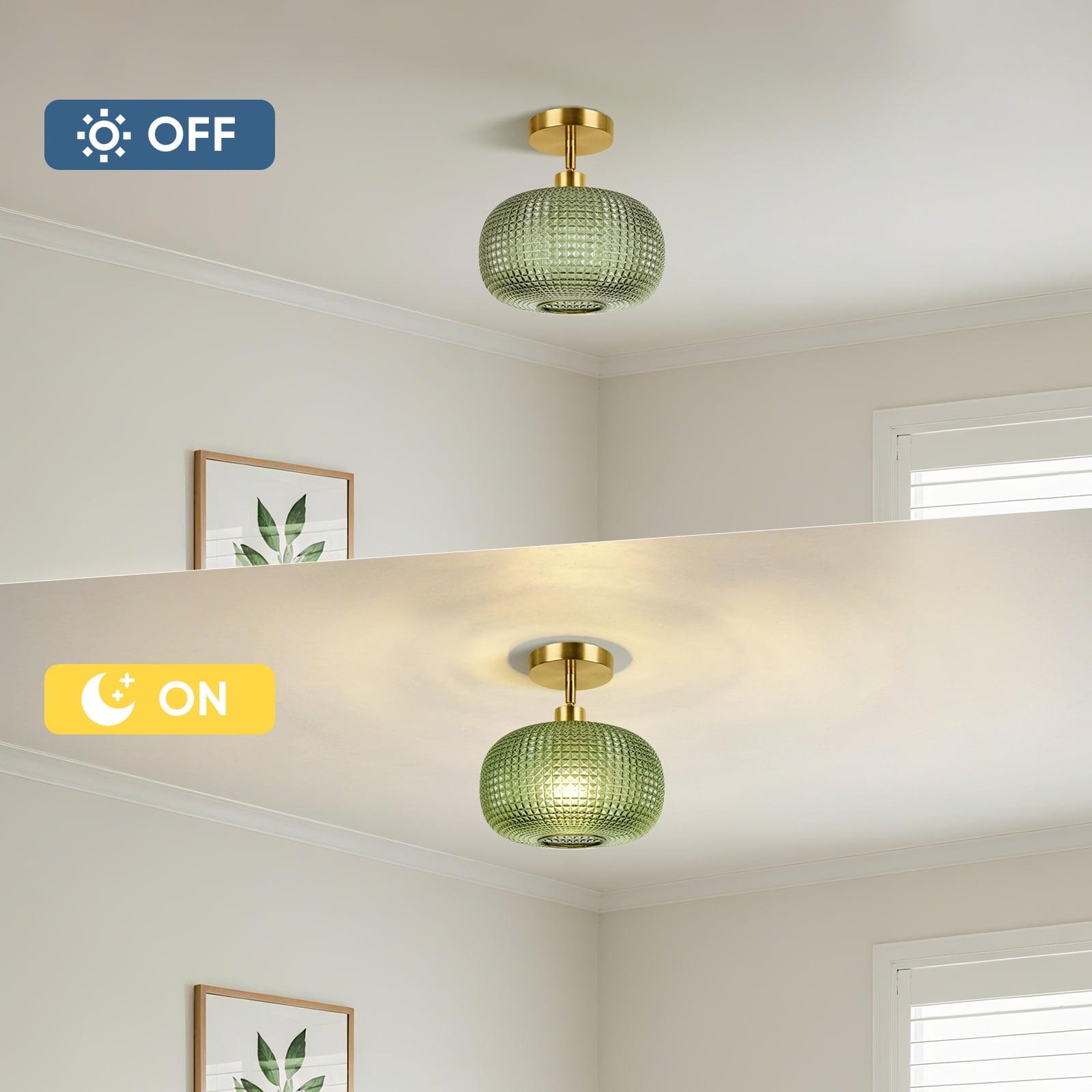 9.84'' Semi Flush Mount Ceiling Light, Adjustable Hanging Gold Sloped Ceiling Lights with Green Glass Shade