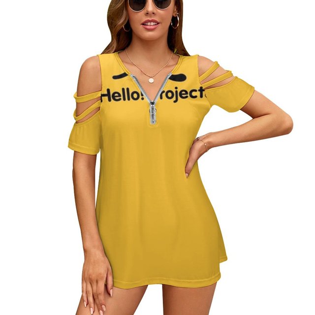 Hello Project Old School Logo-Black New Fashion Zip Off Shoulder Top Short-Sleeve Women Shirt Hello Project Morning Musume