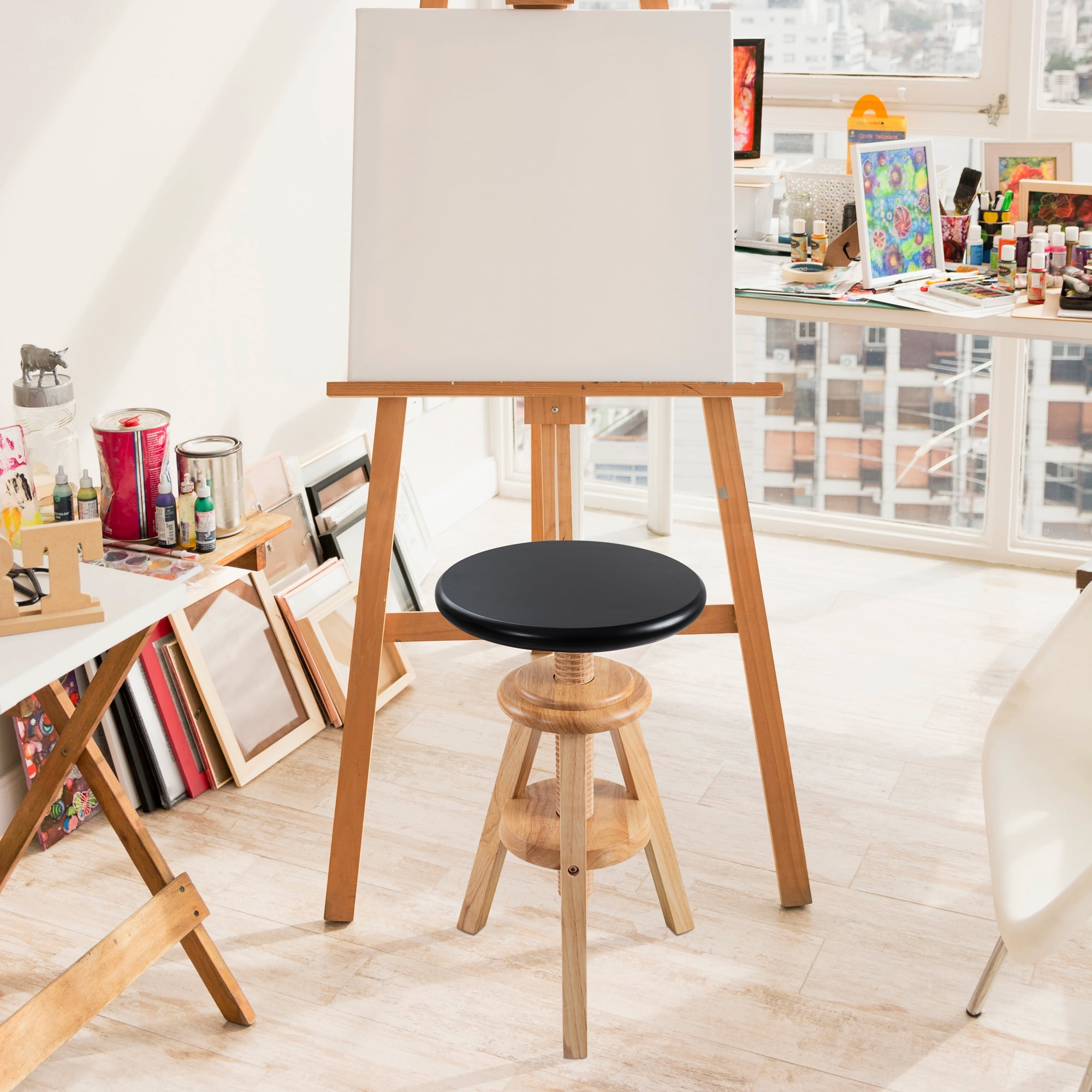eHemco Swivel Solid Wood Adjustable Bar Stool, 18.9 to 25.2 Inches, Natural Base with Black Top
