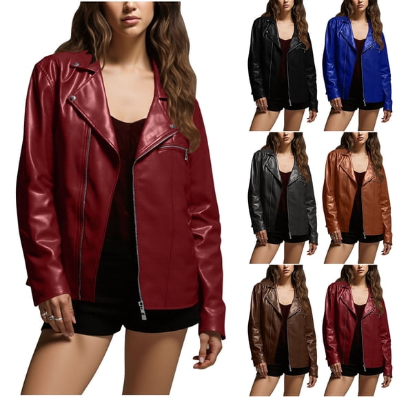 Women Faux Leather Moto Jacket Sevevn Asymmetric Zipper Lapel Long Sleeve Biker Outerwear for Casual Street Fashion