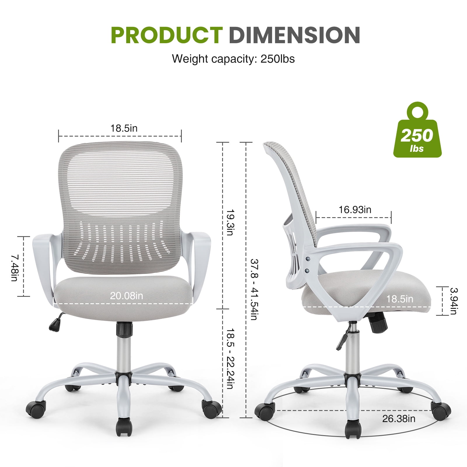 GIANNA Office Chair, Ergonomic Home Mesh Office Desk Chairs, with Armrests, Wheels and Mid-Back Task Chair with Lumbar Support，Gray