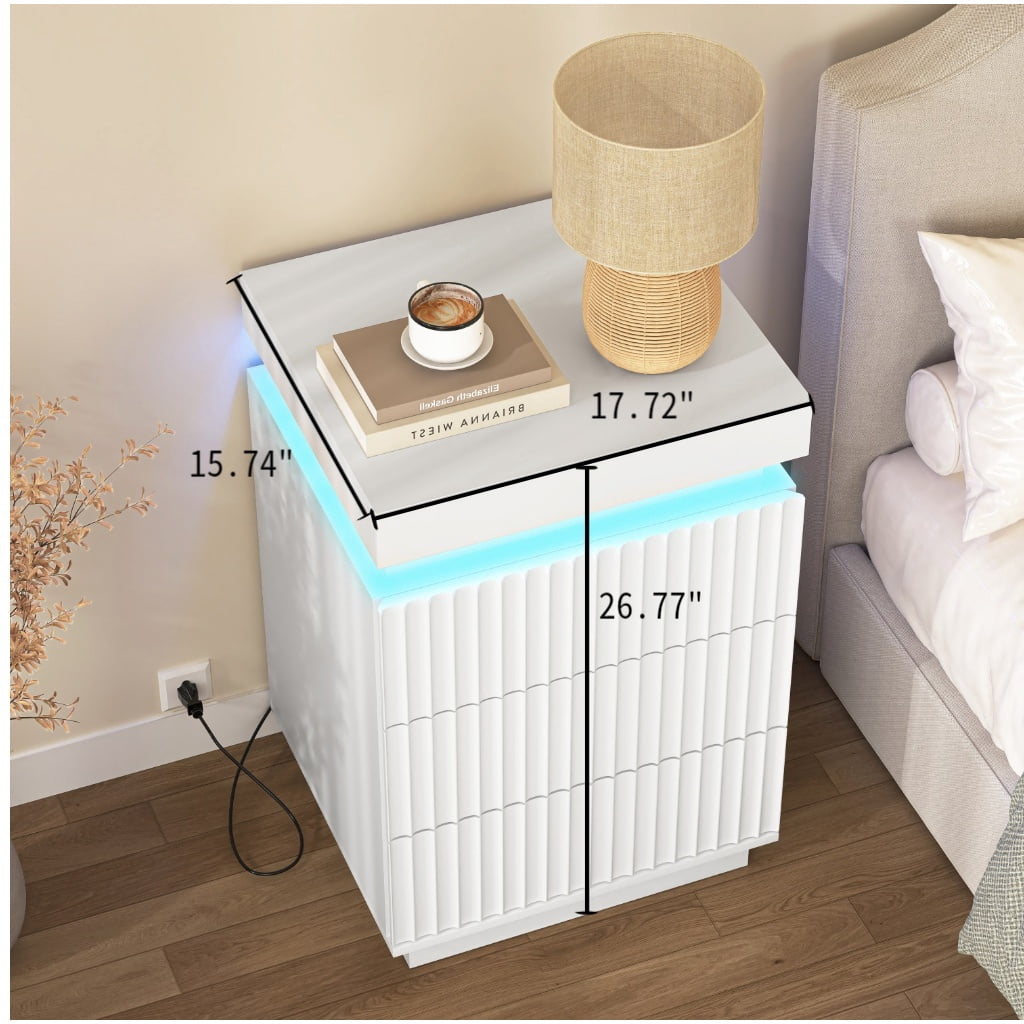 Hommoo Nightstand End Table Set of 2 with Fast USB Charging Station, Modern Wood Storage Sofa Side Table with 2 Drawers and LED lights, for Living Room,Bedroom,Office, White