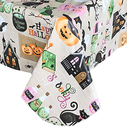 New Vinyl Makers Halloween Tablecloth Flannel Back 52x70 Witch Cat Bats Haunted 