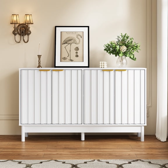 Heynemo 55'' Buffet Cabinet with Fluted Door and Adjustable Shelves, Wood Credenzas Coffee Bar Cabinet with Edge Pull, Modern Sideboard for Kitchen, Dining Room, Living Room, White
