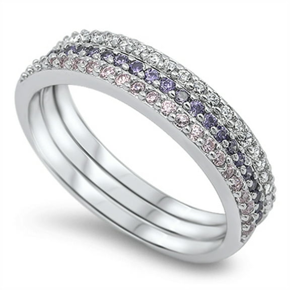 Simulated Amethyst Polished Eternity Ring ( Sizes 4 5 6 7 8 9 10 ) Set New .925 Sterling Silver Band Rings (Size 8)