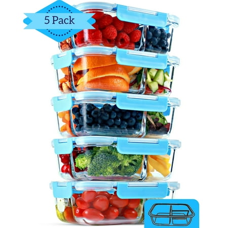 3 Compartment Glass Meal Prep Containers (5 Pack, 35 Oz)- Food Storage Containers with Lids, Portion Control, BPA Free, Microwave, Oven and Dishwasher Safe, Airtight, (Best Microwave Safe Containers)
