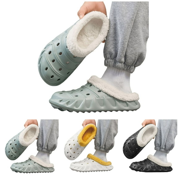 Pandaie Fleece Lined Clogs for Women and Men Unisex Slip on Garden Shoes Arch Support Breathable Winter Fuzzy House Slippers Black 6