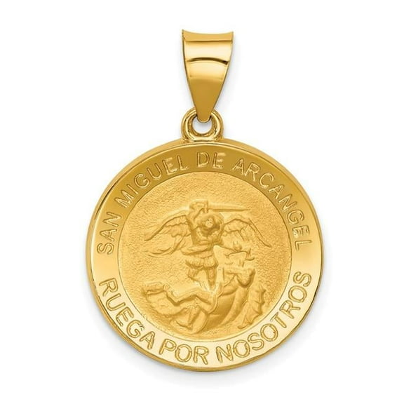 14k Polished and Satin Hollow Spanish San Miguel Medal Round Pendant