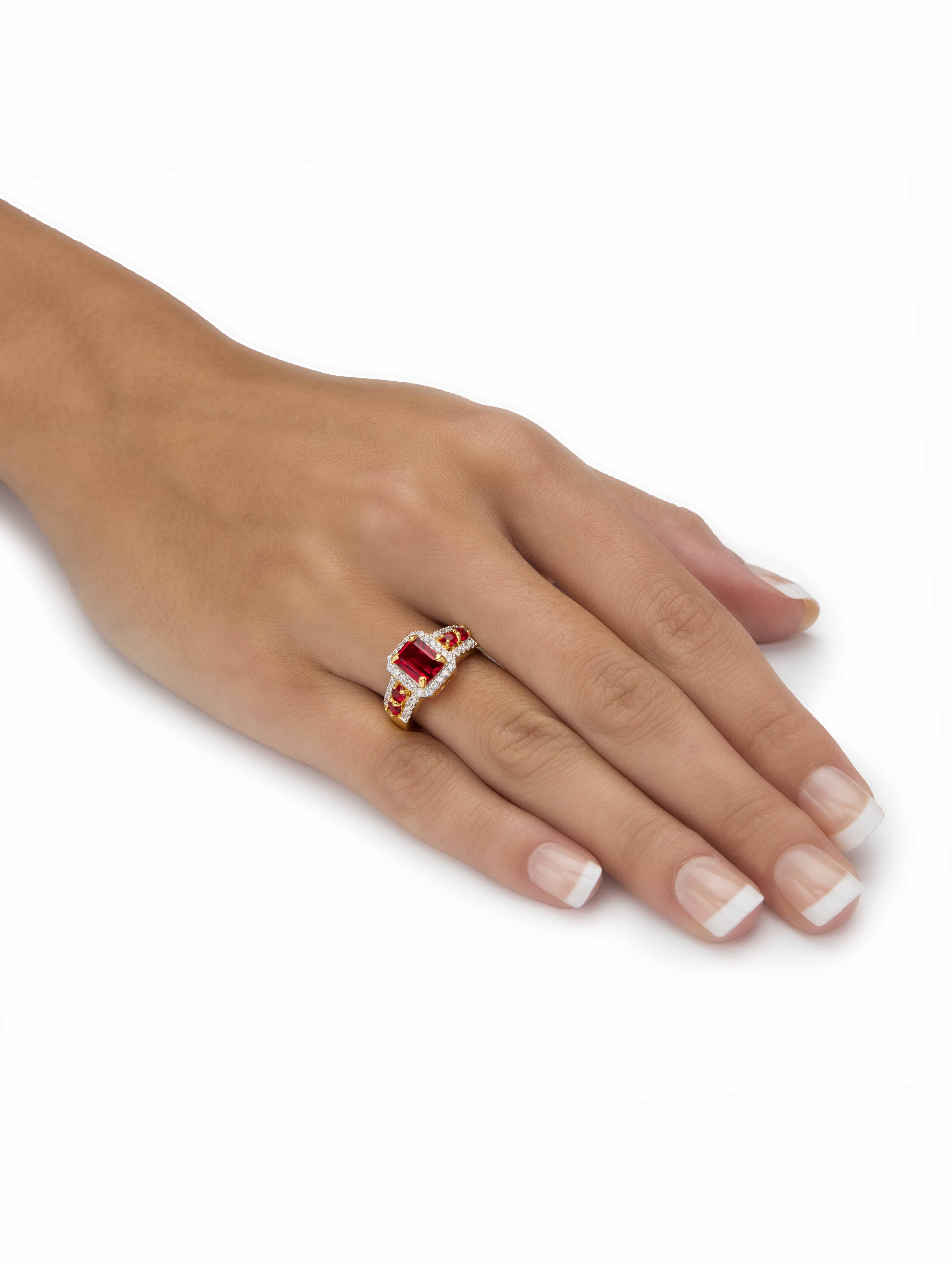 PalmBeach Jewelry Emerald-Cut Simulated Green Emerald or Red Ruby and Cubic Zirconia Halo Cocktail Ring Yellow Gold-Plated