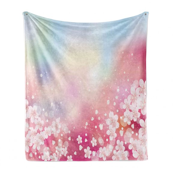 Pastel Soft Flannel Fleece Blanket, Japanese Nature Sakura Tree Cherry Blossoms Romantic Hazy Dreamy Cheerful, Cozy Plush for Indoor and Outdoor Use, 50" x 60", Pale Pink Pale Blue, by Ambesonne