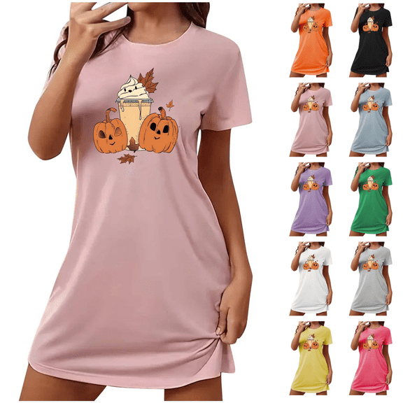 Utoimkio Women's Halloween Short Sleeve Nightgowns Soft Scoop Neck Pumpkin Print Sleepshirt Relaxed Loose Fit Lightweight Sleepwear for Daily Wear Size S-XXL