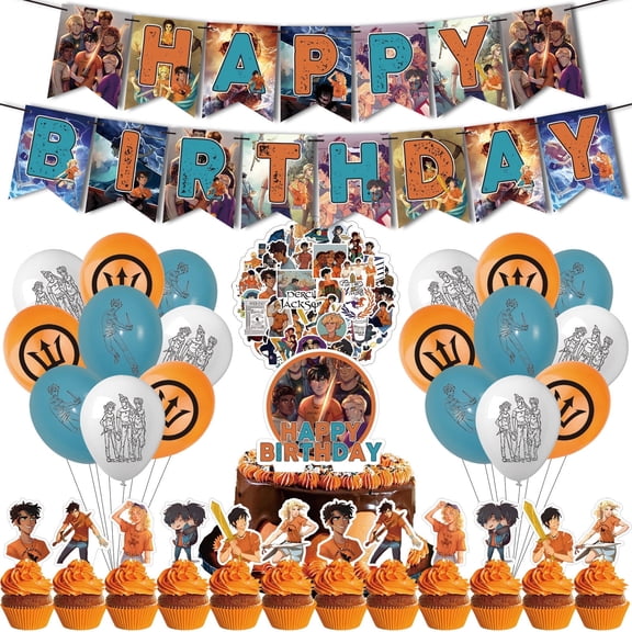 82PCS For Percy Jackson Theme Birthday Party Decorations,Party Supply Set for Kids with 1 Happy Birthday Banner Garland,50 Stickers,18 Balloons,13 Cupcake Toppers