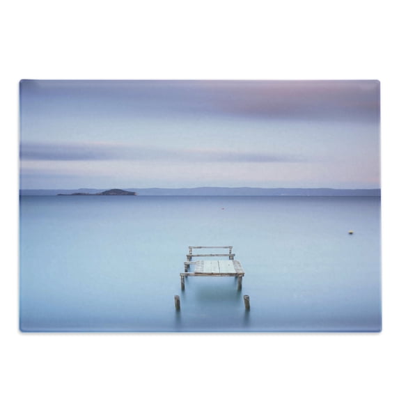 Landscape Cutting Board, Wooden Jetty on Bolsena Lake Italy Long Exposure Photo European Nature View, Decorative Tempered Glass Cutting and Serving Board, Large Size, Pale Blue Lilac, by Ambesonne