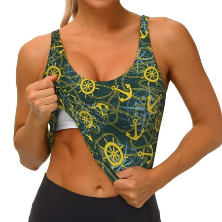 Qokaie Marine Anchors And Compass Pattern Womens Scoop Neck Sports Bra Breathable Workout Vest Padded U Back Medium Impact Fitness Gym Yoga Bra Workout Crop Top