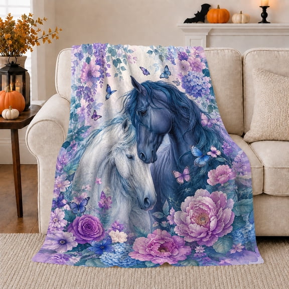 Black and white horses floral Flannel Blanket cozy butterfly equine artwork Home Decor for couch bedroom reading nook, Wedding Gift for horse lovers and couples