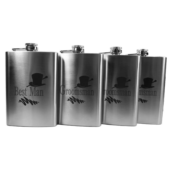 Hip Flask Plus Stainless Steel 8oz Flasks - Best Man and 3 Groomsman (Set of 4)