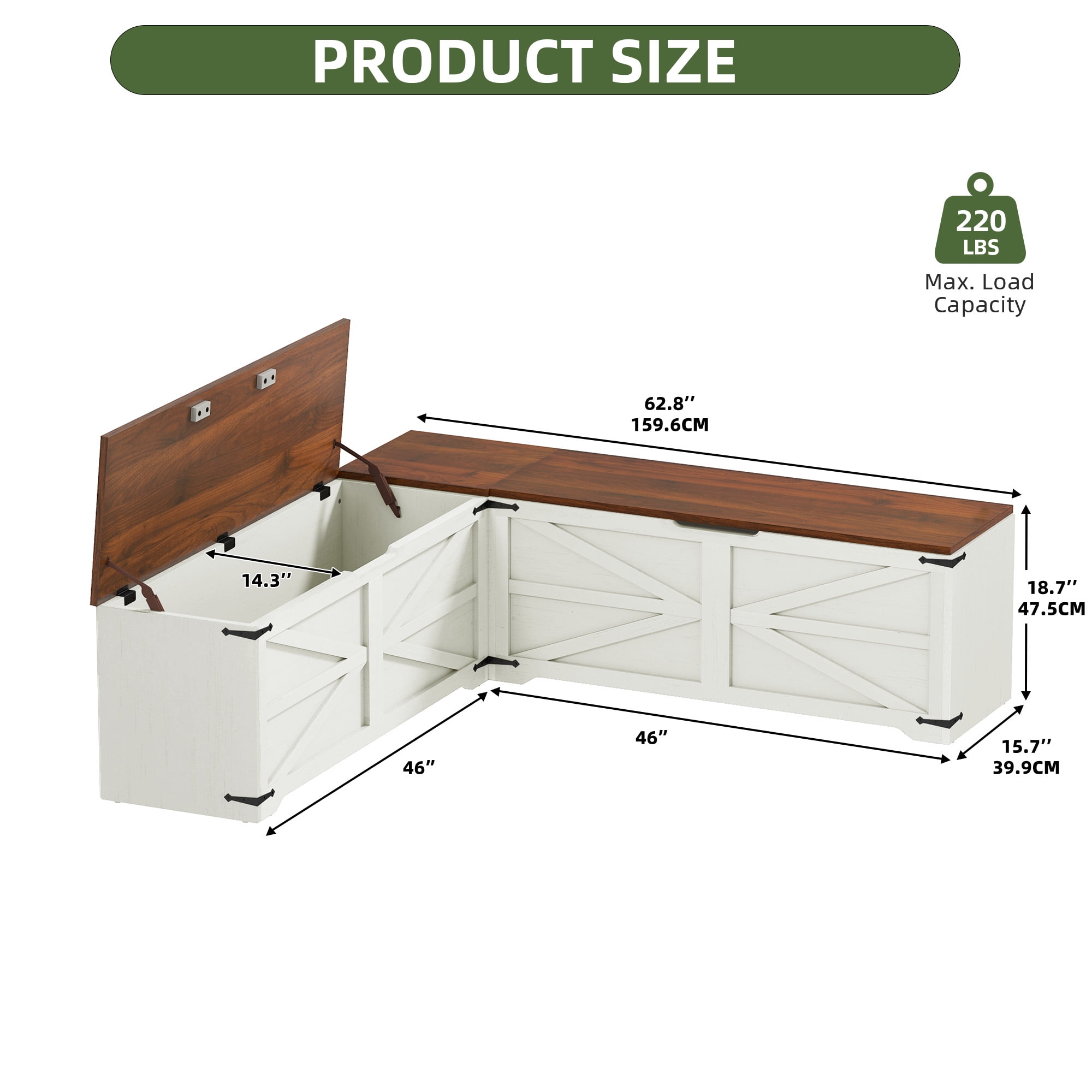 Uforic L-Shaped Wood Farmhouse Storage Chest,Nook Corner Bench with Storage - White & Brown