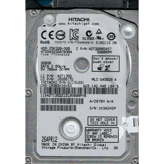 Hitachi HTS543232A7A384 P/N: 0J13123 MLC: DA5028 320GB China