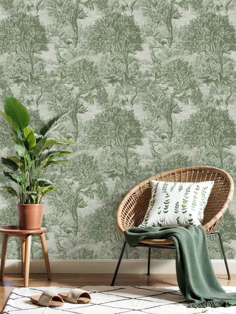 Hunt Peel and Stick Wallpaper 23.6in x 9.8ft Vintage Green Forest Deer Botanical Elements Contact Paper Vinyl Waterproof Self Adhesive Wall Paper for Bedroom Shelf Cabinet Renter Friendly