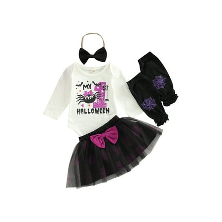 

Bagilaanoe My 1st Halloween Outfits Newborn Baby Girl Letter Bat Spider Print Long Sleeve Romper Tops + Tulle Tutu Skirts + Headband + Leg Warmers 3M 6M 9M 12M Infant Skirt Set 4pcs
