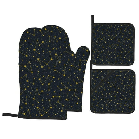 

Oven Mitts and Pot Holders 4 pcs Set Constellation Heat Resistant Pot Holders Oven Mitts for kitchen Non-Slip Hanging Loop Oven Glove Potholders for Baking Cooking