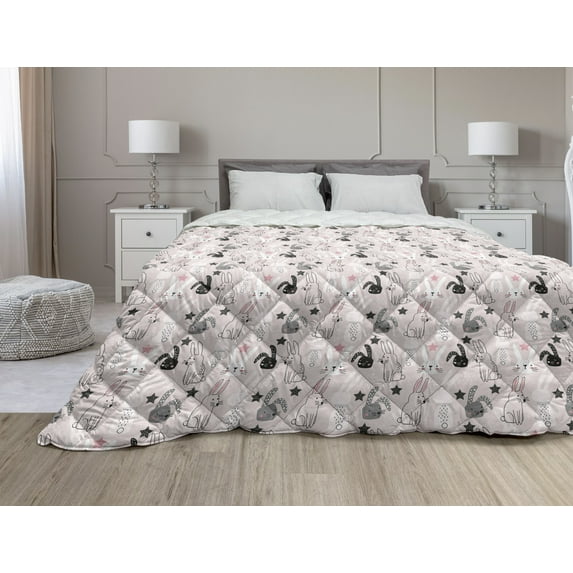 Easter Bunny Down Alternative Comforter, Repetitive Pattern of Rabbit Eggs Doodle Illustration, Microfiber Quilt for All Season, 5 Sizes, Yellow Green and White, by Ambesonne