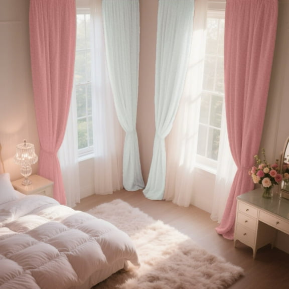 SMILETIME Pink & White Back Tab Curtains, 4 Panels Set Rod Pocket & Pinch Pleat Design Light-Filtering & Thermal Insulation Ideal for Living Room, Bedroom & Office Windows