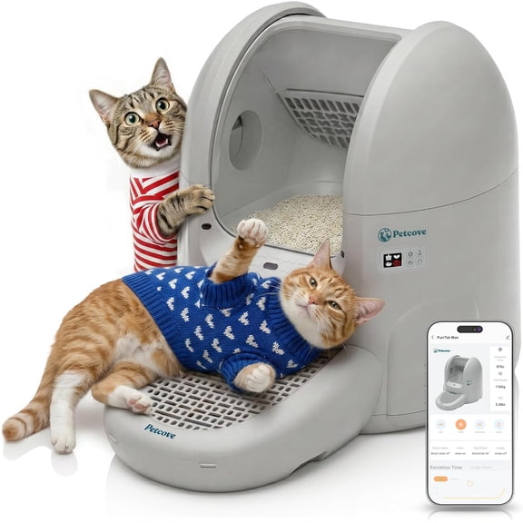 Petcove PurrTek Max Self Cleaning Cat Litter Box – XL 65L Automatic Litter Box for Multiple Cats | Ultra Quiet 30–35dB, Smart App Control, 5 Safety Sensors, Odor-Lock Bin, Ramp & 15 Bags Included