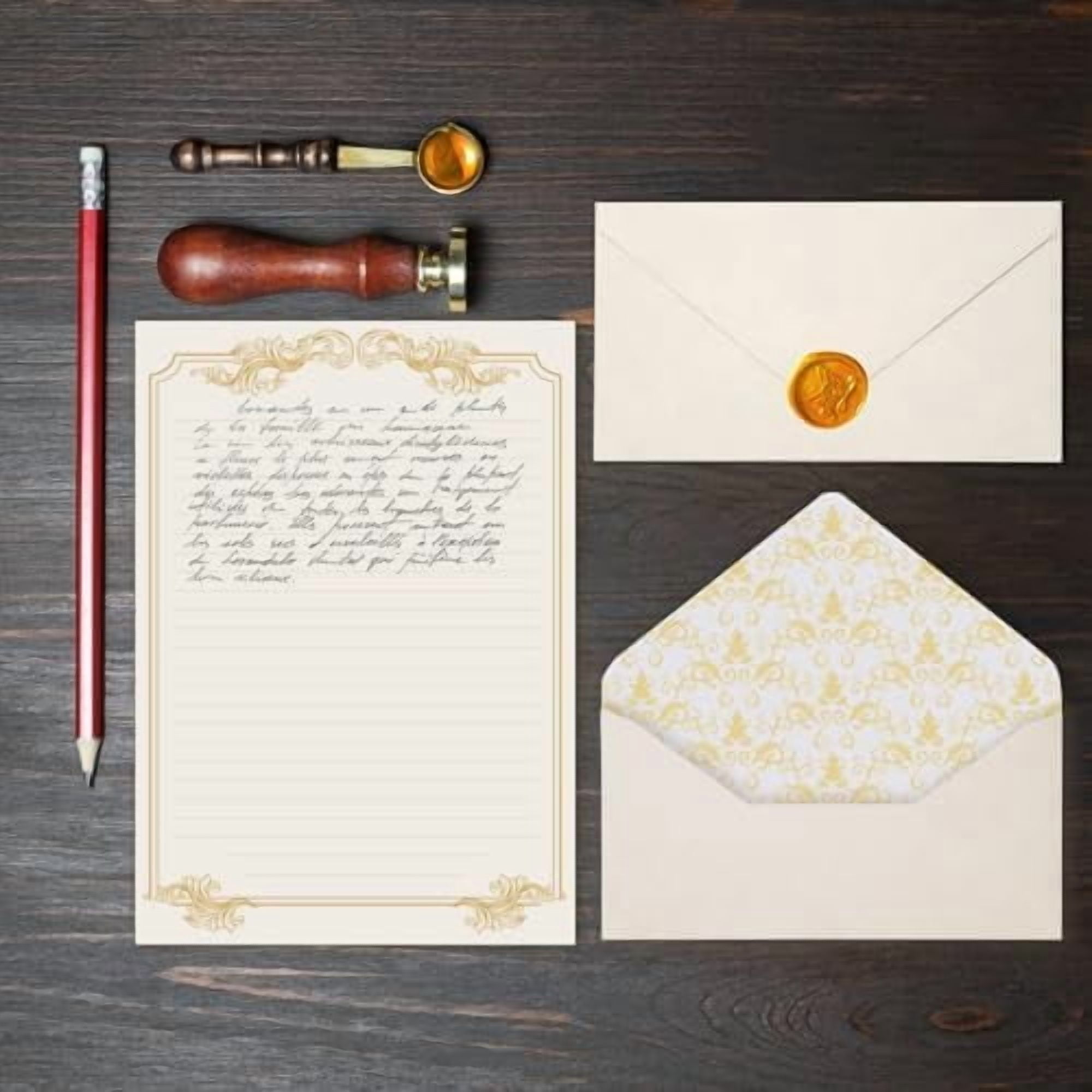 Quivanta 90 Piece Stationery Set - 60 Vintage-Style Paper Sheets + 30 Envelopes, Gold Border Letter Writing Paper for Love Letters & Party Invitations