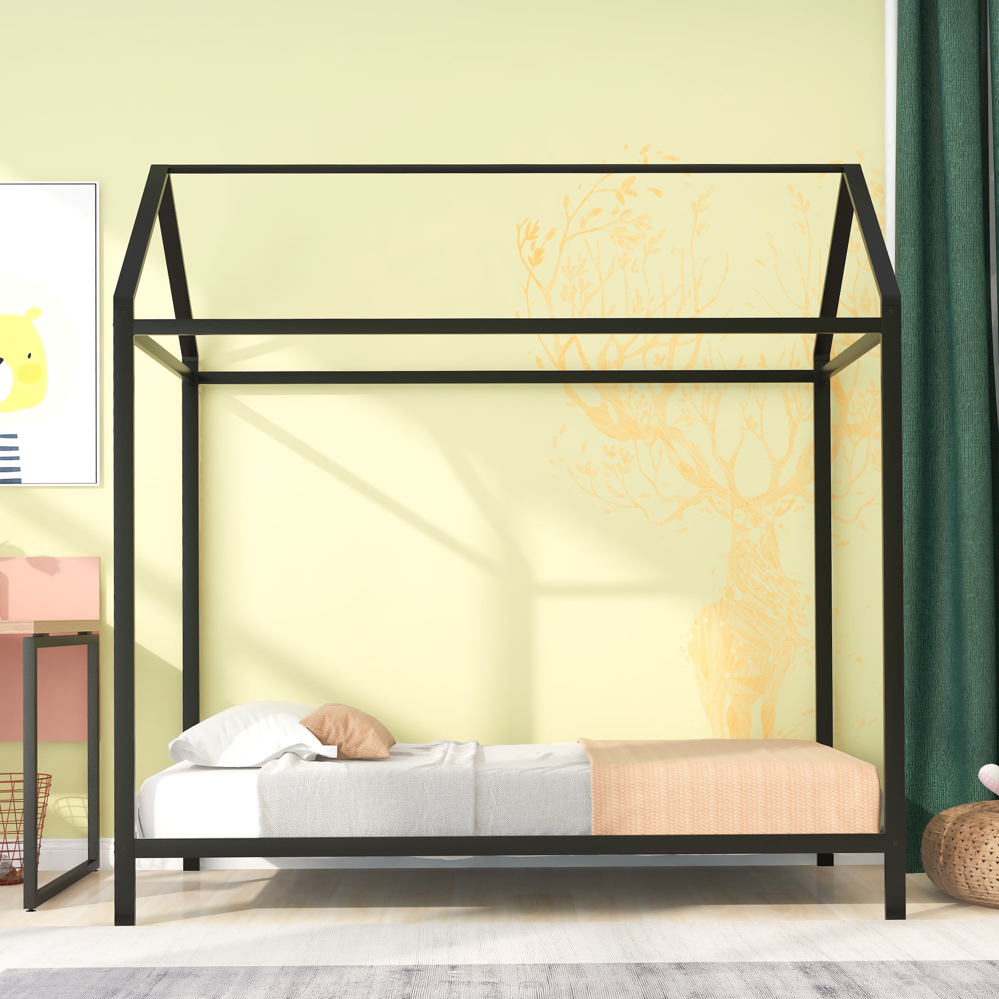 Gewnee Twin Size Kids Bed Frame, Metal Platform Bed Frame With Canopy,No Box Spring Needed. Black