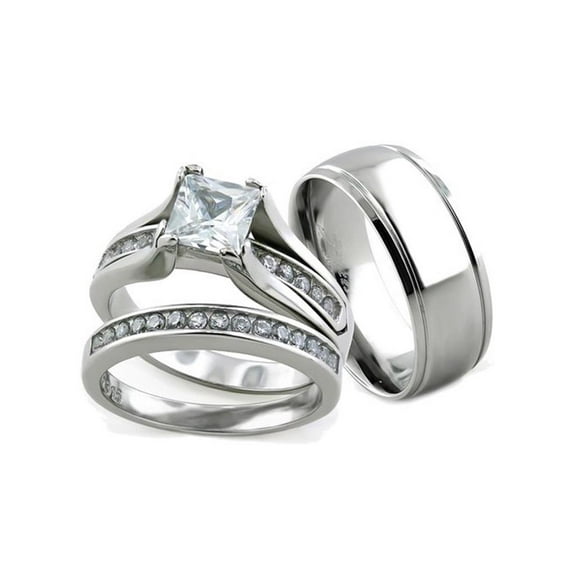 Her and His 3pc Silver Stainless Steel and Titanium Wedding Engagement Ring Band Set Size Women's 10 Men's 12