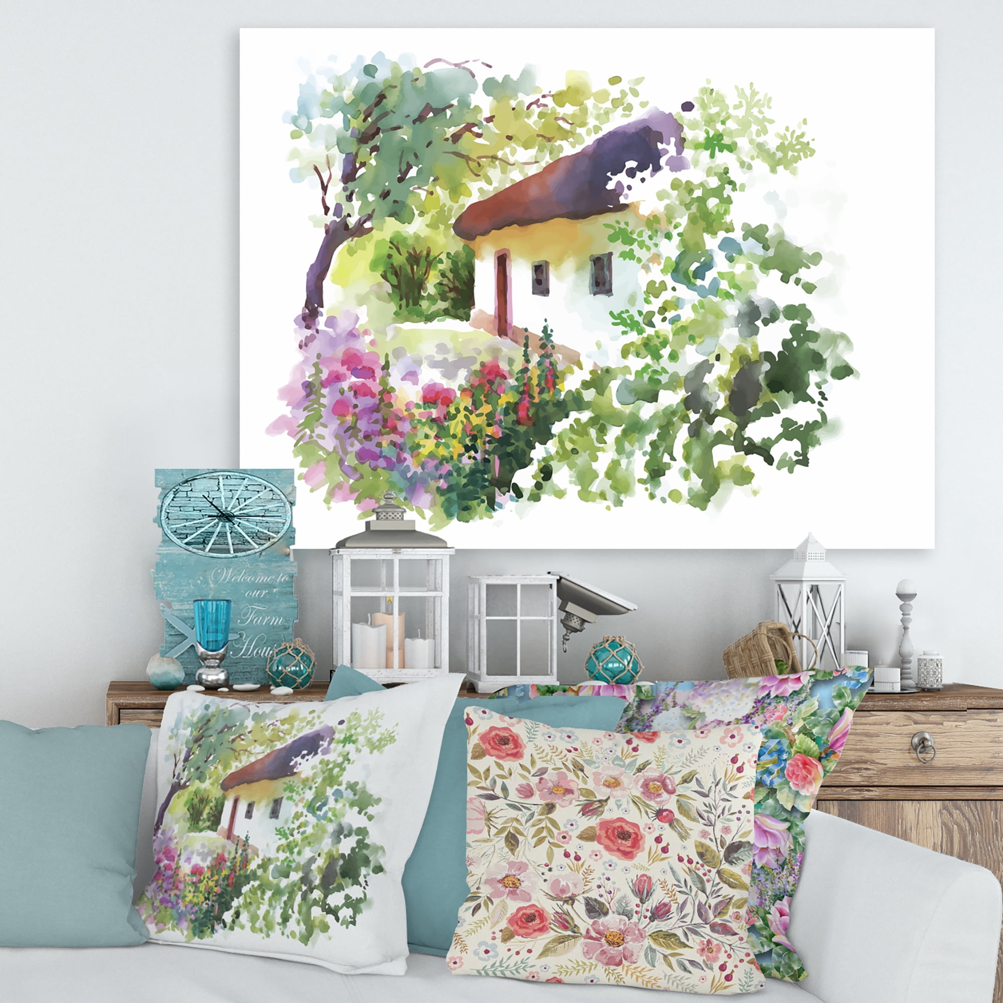 Designart ' Rural Village House On A Green Summer Day ' Traditional Canvas Wall Art Print