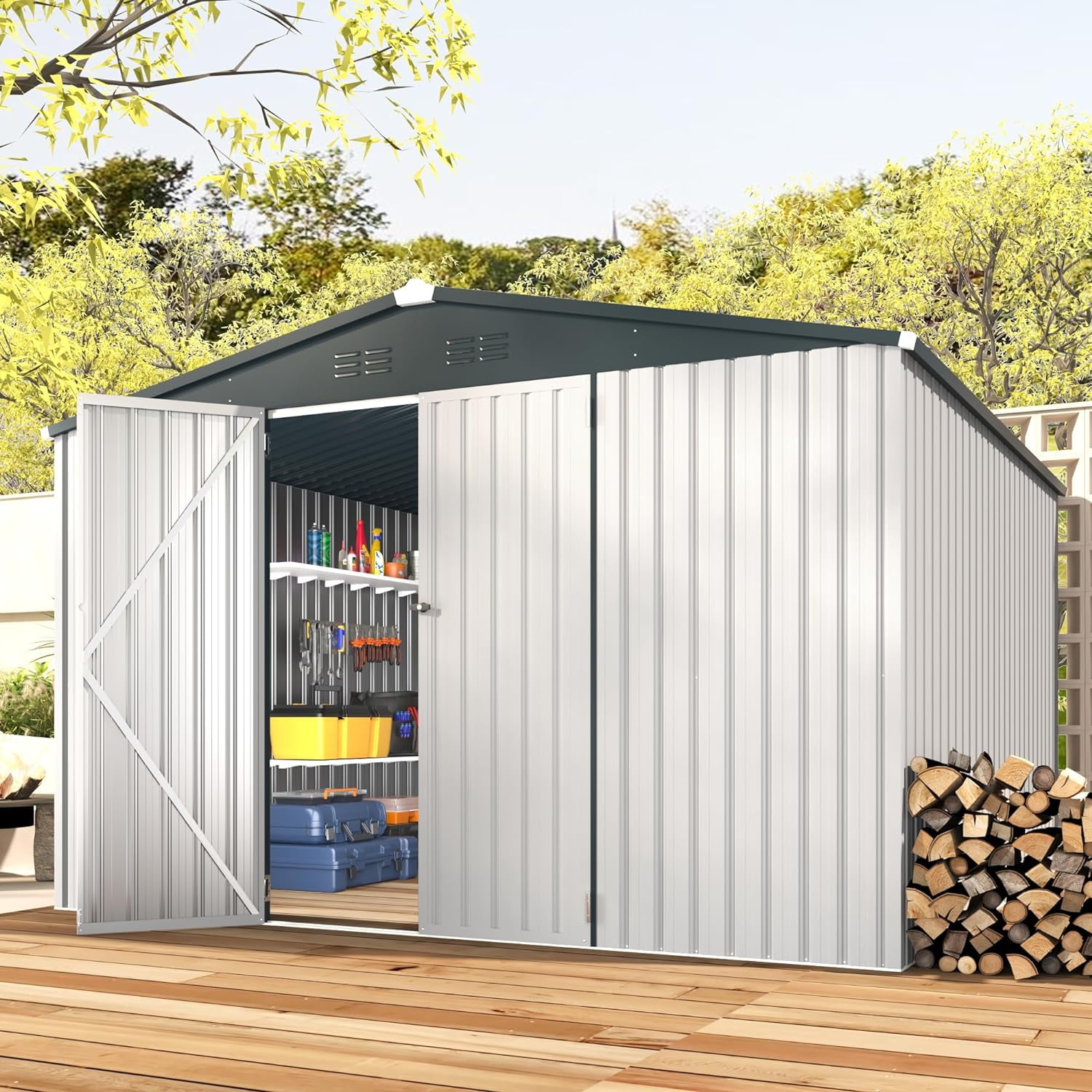 AECOJOY 10' x 10' Outdoor Storage Shed with Lockable Door Patio Metal Garden Storage Building in White for Outside
