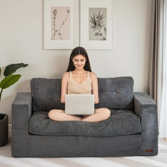 BYBYME Bean Bag Chair Sofa for Adults,Giant Large Loveseat Boneless Couch with Tufted Cushion & Backrest,Comfy Chair Lazy Sofa for Bedroom Living Room,Dark Grey