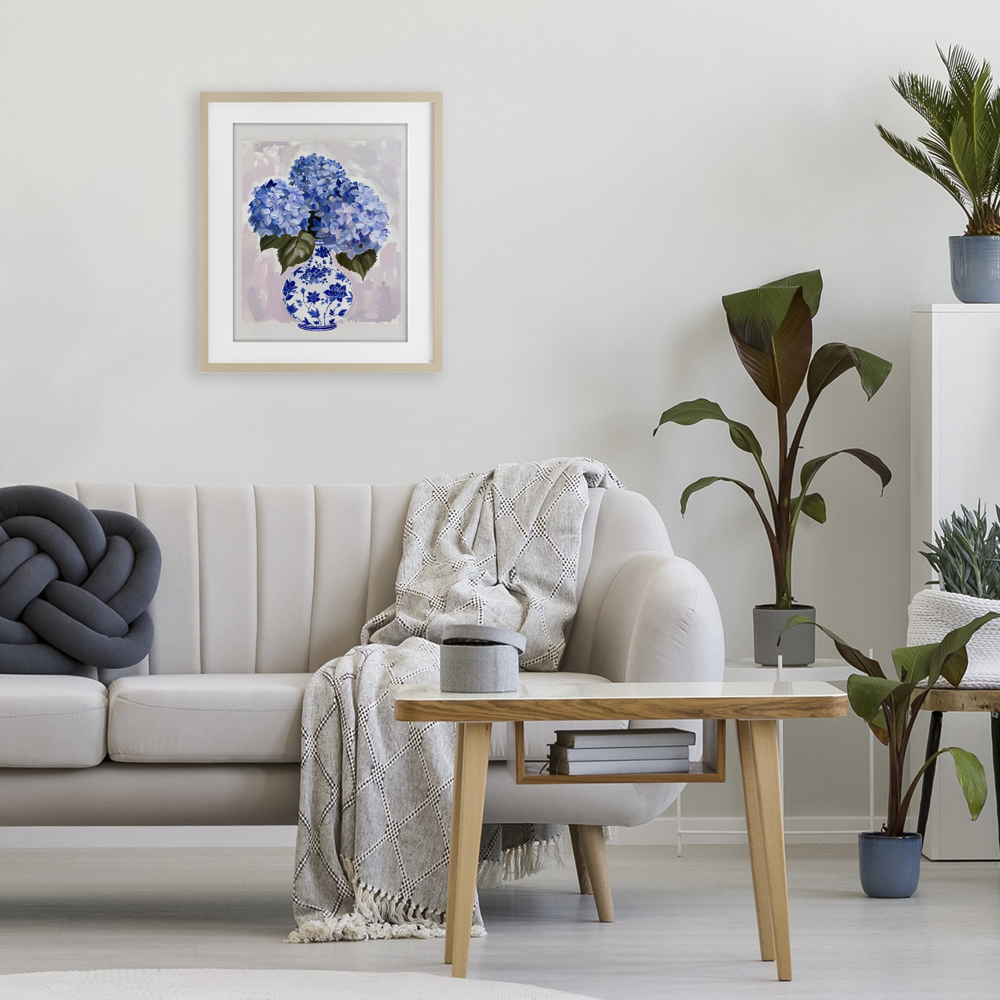 Stupell Industries Blue Hydrangea in Porcelain Vase Birch Framed Print Under Glass, design by The Prints Vibe