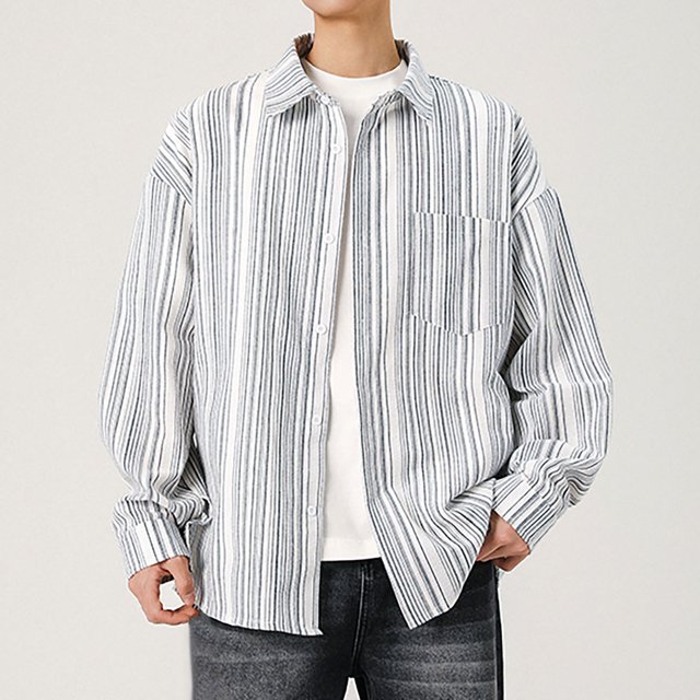 pstuiky Camisas casuales de manga larga para hombre, Camisa informal de manga larga con solapa y botones a rayas para hombre. Tops de talla grande para hombre l