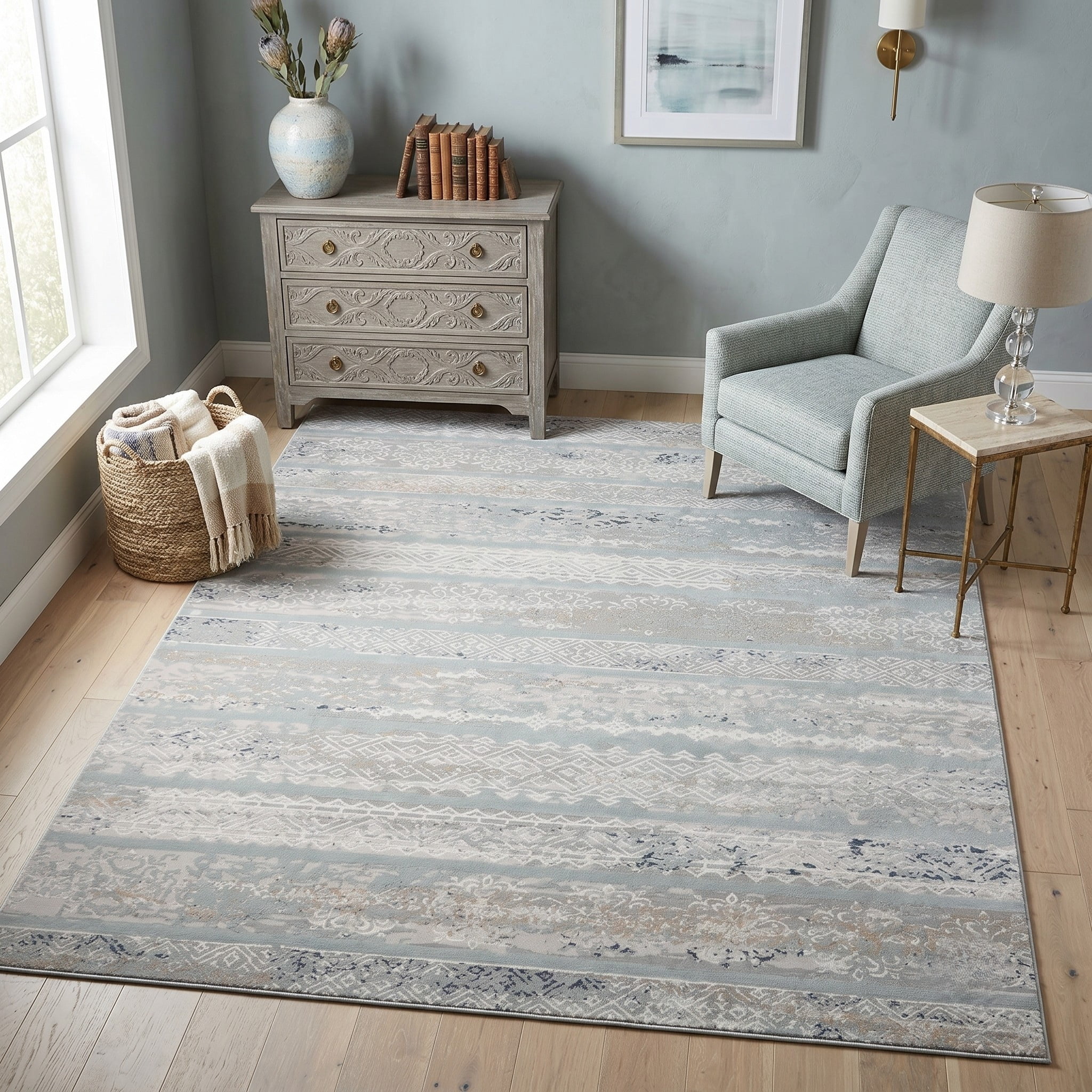 LR Home Martha Brian Gray/Blue Modern Striped Polyester Area Rug, 9' x 12'
