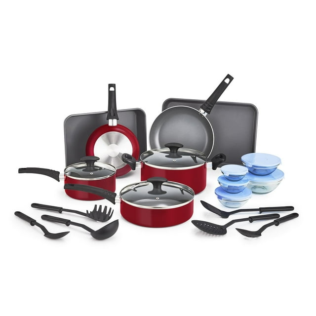 BELLA Juego de utensilios de cocina antiadherentes con tapas de vidrio - Utensilios para hornear, ollas y sartenes de aluminio, tazones y utensilios de almacenamiento, compatible con todas las estufas