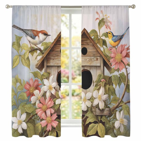 Spring Vintage Sheer Curtains 63 inches Long, Birdhouse Bird Flowers Light Filtering Sheer Window Curtains Rod Pocket Voile Drapes for Bedroom Living Room, 2 Panels
