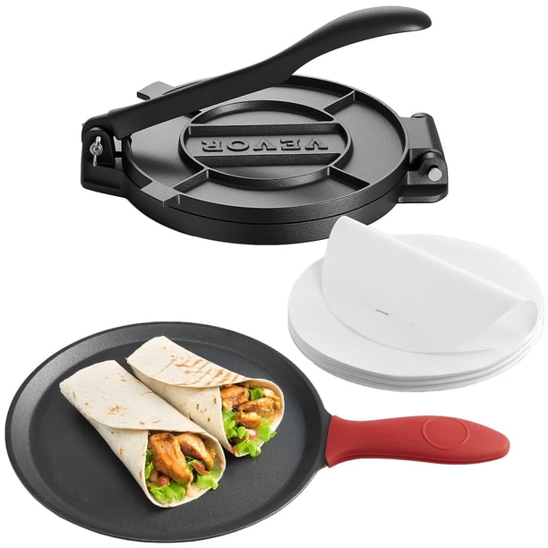 Prensa para tortillas VEVOR de hierro fundido de 20 cm con mango y 100 pergaminos