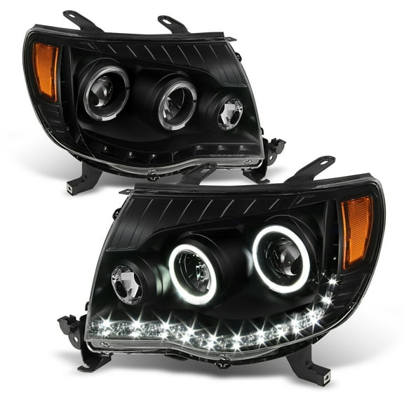 AKKON - For 2005-2011 Toyota Tacoma Black Bezel Dual Ring DRL Daylight LED Projector Headlights Pair Left Right