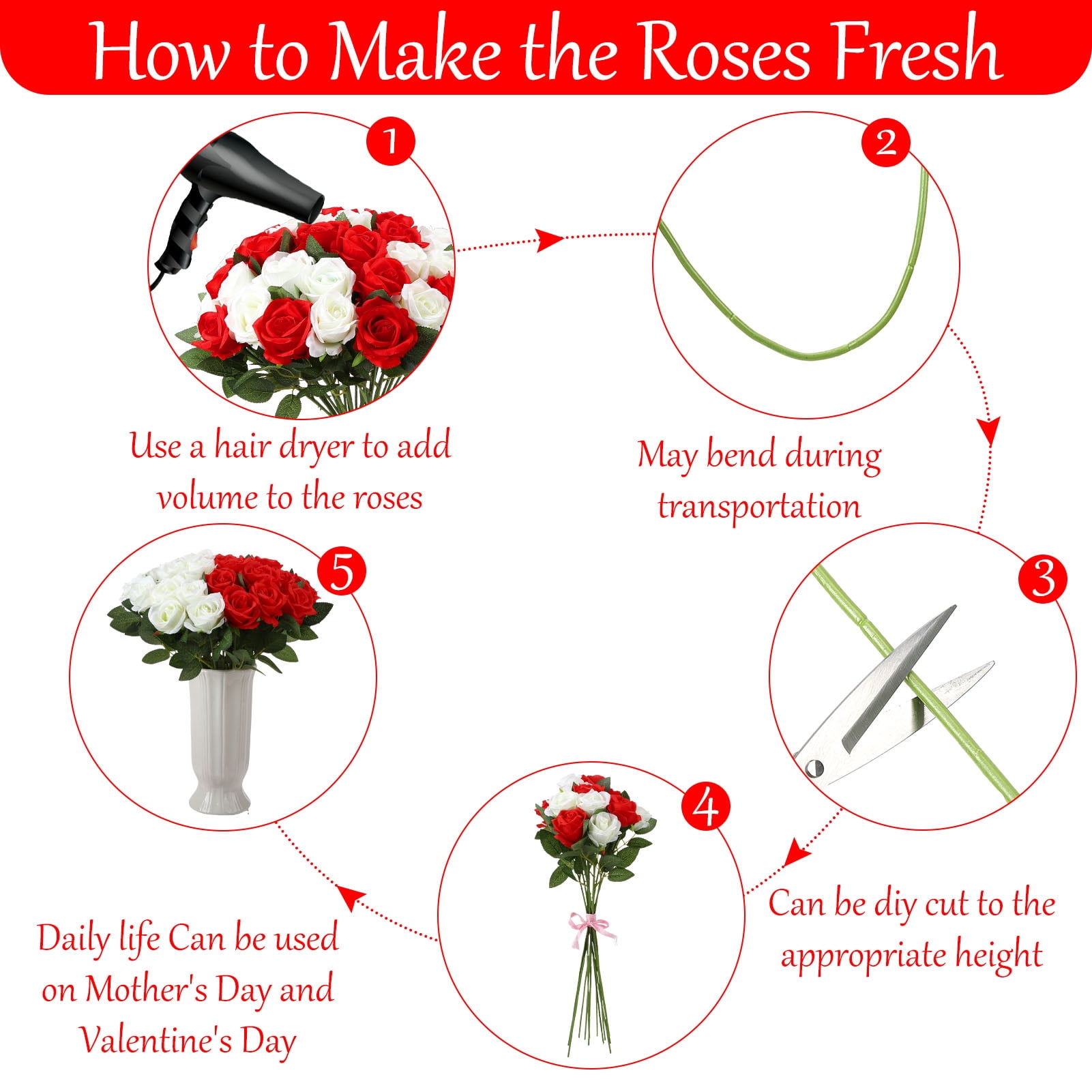 Armscye 80 Pcs 20.5" Artificial Silk Roses Bulk - Velvet Fake Flowers for Wedding Bouquet, Bridal Centerpiece, Mother's Day, DIY Home Decor (Red+White)