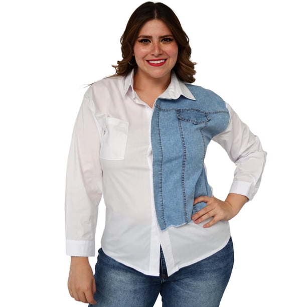 Camisa con mezclilla talla extra, modelo 3700 blanco 38 Roman Fashion Camisa extra 3700