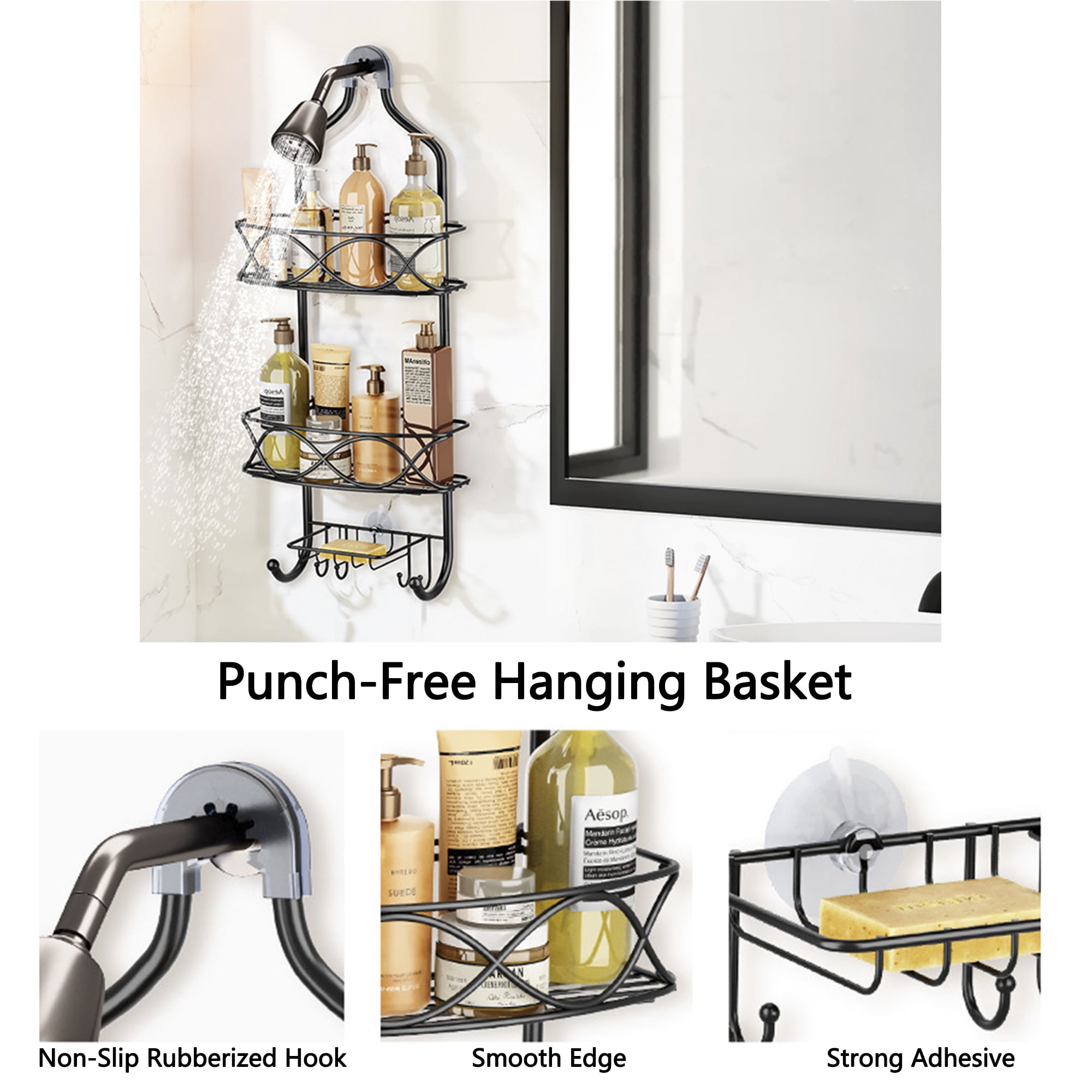 Hanging Shower Caddy Over Showerhead with Soap Holder and Hooks, 3-Shelf Bathroom Shower Organizer Storage Rack