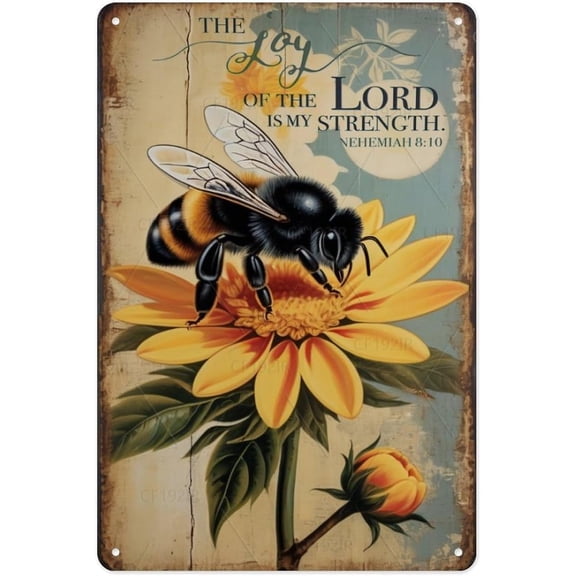 The Joy of The Lord Is My Strength Bee & Flower Vintage Aluminum Tin Sign - Inspirational Bible Verse with Garden Metal Sign, 8x12 Inches, Uplifting Christian Wall Decor for Home Office