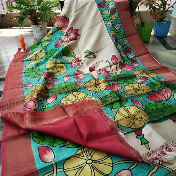 Multicolor Hand Painted Kalamkari Tussar Silk Saree