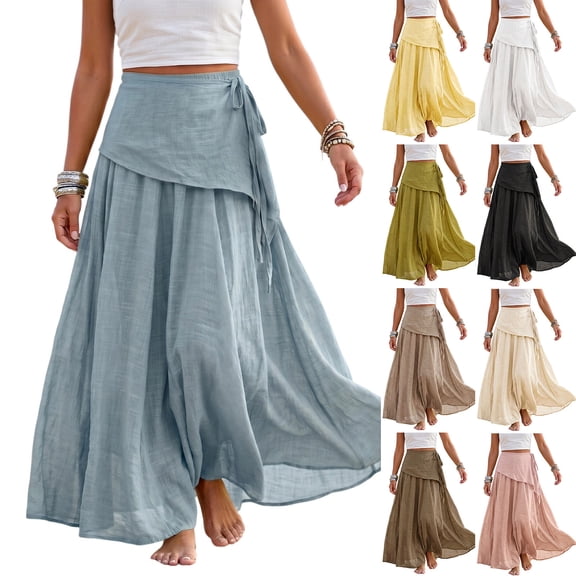 Women's Fashion Casual Solid Cotton Linen Maxi Skirt, Wrap Tie Waist Beach Cover Up Long Skirt Light Blue XL(XL)