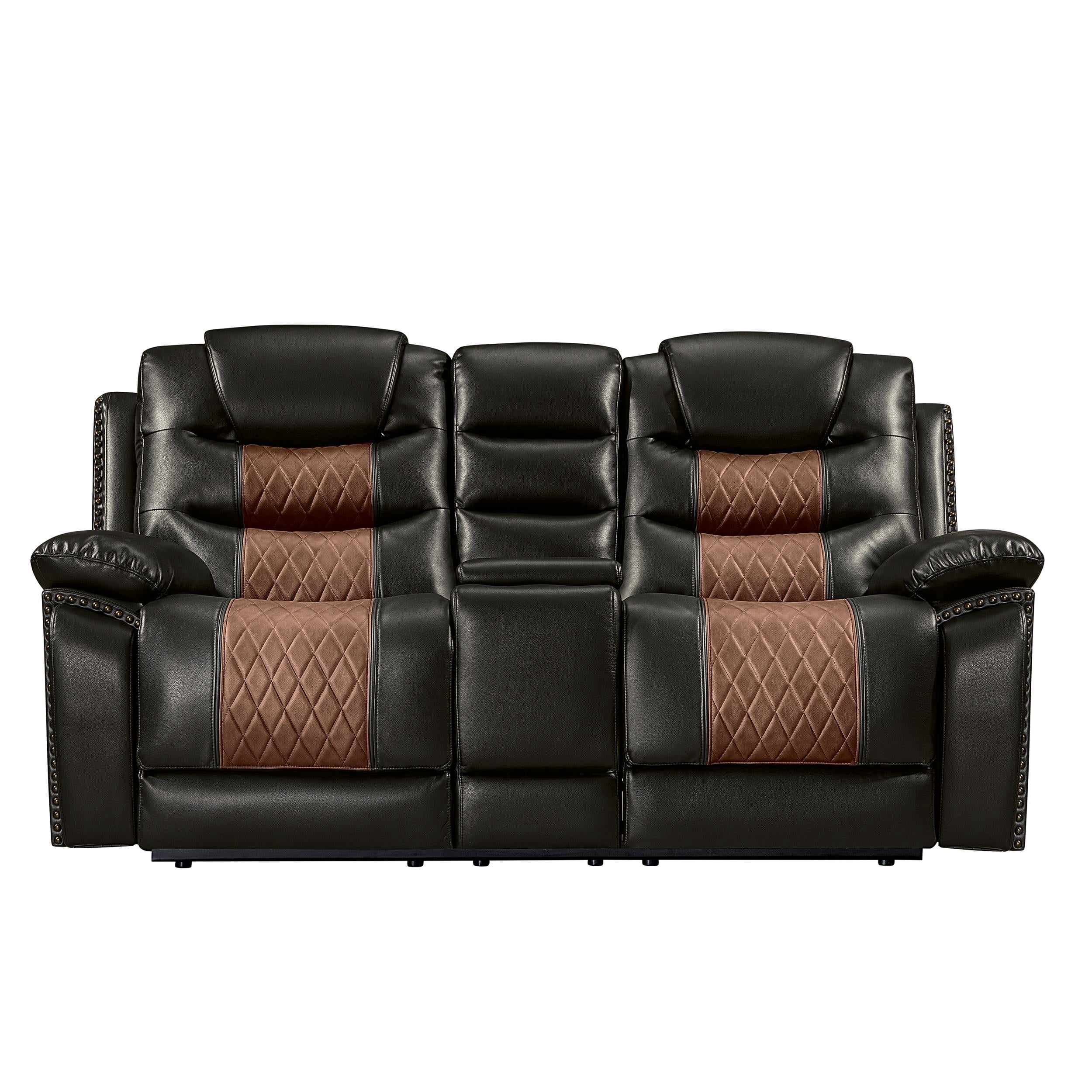 New Classic Furniture Nikko Leather Console Loveseat w/ Dual Recliners in Brown